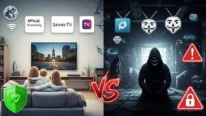 Een gesplitste afbeelding die het contrast toont tussen legale en illegale IPTV. De linkerkant is veilig en helder met officiële logo's, terwijl de rechterkant donker en chaotisch is met waarschuwingssymbolen en een hacker, wat de risico's van illegaliteit benadrukt.