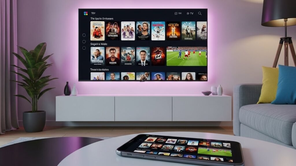 Smart TV in een moderne woonkamer met IPTV interface en voetbalwedstrijd.