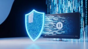 3D illustratie van een digitaal schild dat een televisieverbinding beveiligt tijdens het streamen.