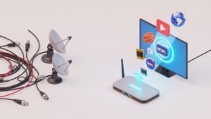 Illustratie van het verschil tussen ouderwetse kabeltelevisie en modern digitaal streamen.