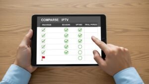 Een persoon die een checklist gebruikt op een tablet om verschillende IPTV-providers in België te vergelijken en een betrouwbare keuze te maken op basis van reviews en garanties.