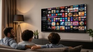 Een Belgisch gezin geniet in hun moderne woonkamer van het enorme aanbod van een IPTV-dienst op hun grote 4K-televisie, wat de populariteit van IPTV in België illustreert.