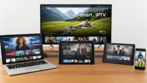 De multi-screen ervaring van premium IPTV België, gedemonstreerd op meerdere apparaten tegelijk: een smart tv, laptop, tablet en smartphone.