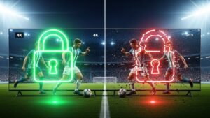 Een conceptuele vergelijking tussen legale, veilige IPTV en illegale, onbetrouwbare IPTV in België, weergegeven met een hangslot en beeldkwaliteit.