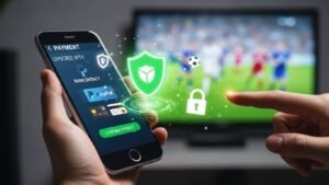 Een afbeelding die het veilig betalen voor een IPTV-abonnement in België symboliseert, met een hand die een smartphone vasthoudt met betaalopties zoals Bancontact en PayPal, beschermd door een veiligheidsschild.