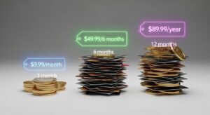 Een visuele vergelijking tussen maandelijkse en jaarlijkse IPTV-abonnementen en hun prijzen.