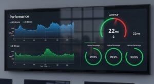 IPTV prestatie dashboard met bitrate, latency en uptime statistieken