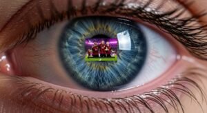 Close-up van een oog waarin een scherpe en stabiele voetbalstream via een Belgisch IPTV abonnement wordt gereflecteerd.