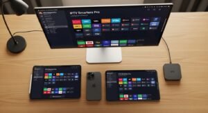 Een overzicht van verschillende apparaten zoals een tablet, smartphone en monitor die dezelfde IPTV Smarters app weergeven.