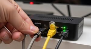 Achteraanzicht van een IPTV box die wordt aangesloten met een HDMI-kabel en een gele ethernetkabel voor stabiel internet.