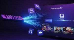 Een conceptuele weergave van de 'Catch-up' functie waarbij een gebruiker terug in de tijd navigeert in de IPTV-gids om een programma te herstarten.
