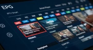 Een gedetailleerd overzicht van de Elektronische Programmagids (EPG) in de IPTV Smart Player app op een TV-scherm.