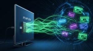 Een conceptual beeld waarbij data (creditcards en wachtwoorden) wordt gestolen via een aangesloten streamingstick op een TV, wat de risico's van malware en "amendes iptv" bij illegale diensten illustreert.