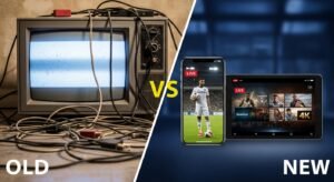 Een vergelijking tussen de rommelige kabels van traditionele TV en de draadloze vrijheid van IPTV CZ op mobiele apparaten.