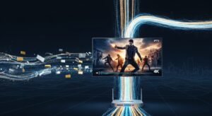 Een conceptuele afbeelding van een Smart TV die verbonden is met een oplichtende glasvezelkabel, wat staat voor buffering-vrij 4K IPTV streamen in België.