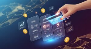 Una ilustración conceptual de un usuario sosteniendo una tarjeta de crédito, eligiendo entre diferentes paquetes de suscripción de televisión digital y streaming en una pantalla flotante.