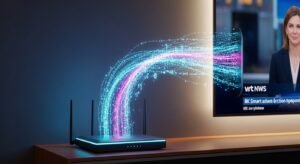 Conceptuele visualisatie van data die van een router naar een Smart TV stroomt voor een IPTV abonnement.