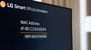 Een close-up van een LG Smart TV scherm dat het activatiescherm van de Smart IPTV app toont met het MAC-adres, klaar voor M3U upload.