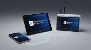 Een overzicht van drie schermen die de installatie van de IPTV Smarters-app tonen op een smartphone, een tablet en een Android-tv-box.