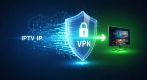 Een conceptuele afbeelding die toont hoe een VPN de IPTV IP-stream beveiligd tegen pottenkijkers in België.