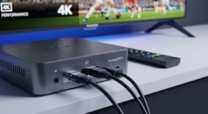 Een close-up van een IPTV-box verbonden met een internetkabel en een HDMI-kabel voor optimale IP-televisie.