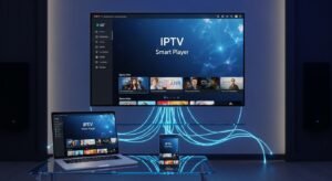 Een compositie van een smartphone, een laptop en een smart TV die allemaal tegelijkertijd de IPTV Smart Player app gebruiken.