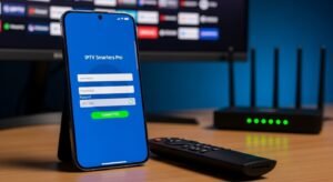 Un smartphone Android y un control remoto de TV box mostrando la aplicación IPTV Smarters Pro cargando la guía de canales.