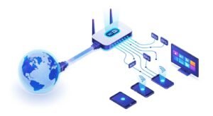 Een illustratie van digitale datasignalen die via internet verbinding maken met verschillende apparaten voor IPTV streaming