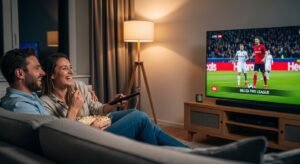 Een gelukkig koppel kijkt ontspannen naar een haarscherpe voetbalwedstrijd op een grote TV in hun woonkamer, genietend van een legaal en veilig "premium iptv belgië" abonnement zonder zorgen over boetes.