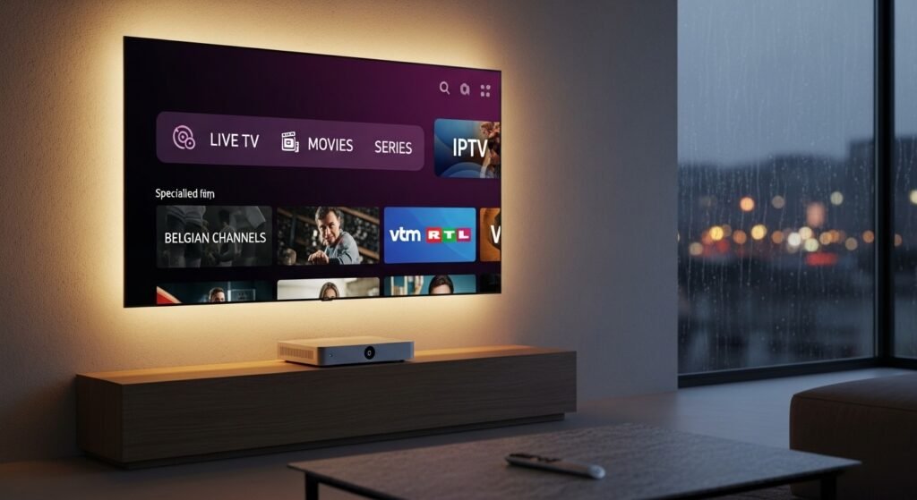Una Smart TV de alta gama mostrando un menú de interfaz de usuario de IPTV moderno en una sala de estar minimalista en Bélgica.