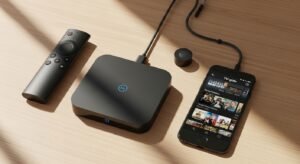 Split-screen afbeelding die het verschil toont tussen een bufferende haperende stream en een scherpe 4K-voetbalwedstrijd via een bekabelde verbinding