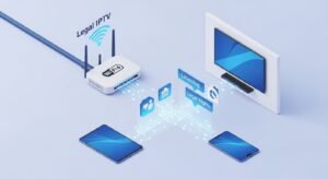 Een moderne Belgische woonkamer met een smart-tv die een overzichtelijk legaal IPTV-menu toont met sport en films